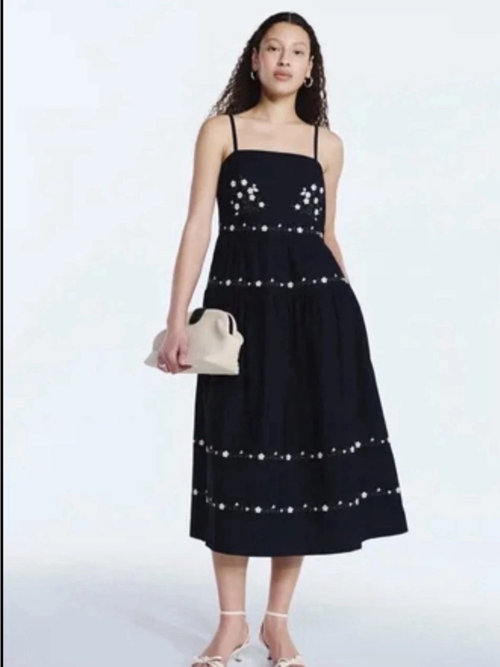 Blue Spaghetti-Strap Midi Dress with White Floral Embroidery NWT
